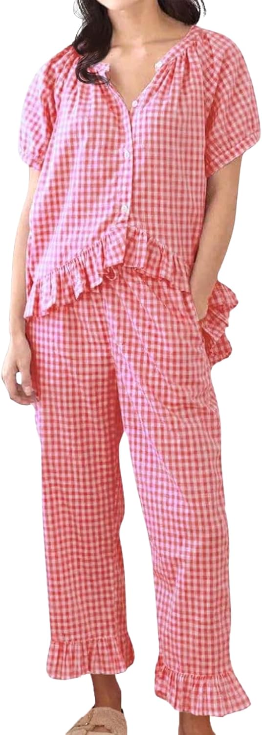 Womens Gingham Pajama Set for Cozy Sleep and Lounge Wear