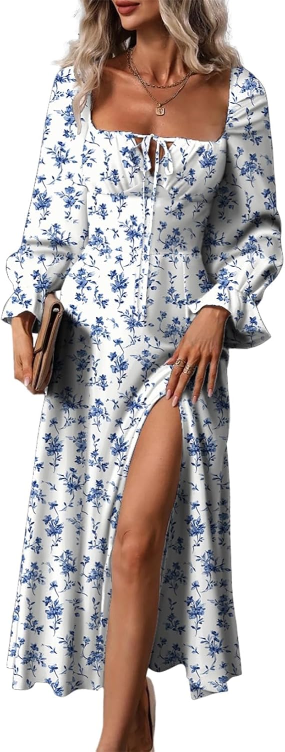 Womens Casual Square Neck Long Sleeve Boho Floral Midi Dress