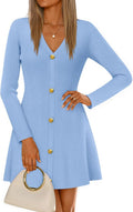 ZESICA Women's Fall V Neck Button Ribbed Knit Sweater Dress