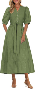 Summer Dresses for Women V Neck Ruffle A Line Belted Midi Dress