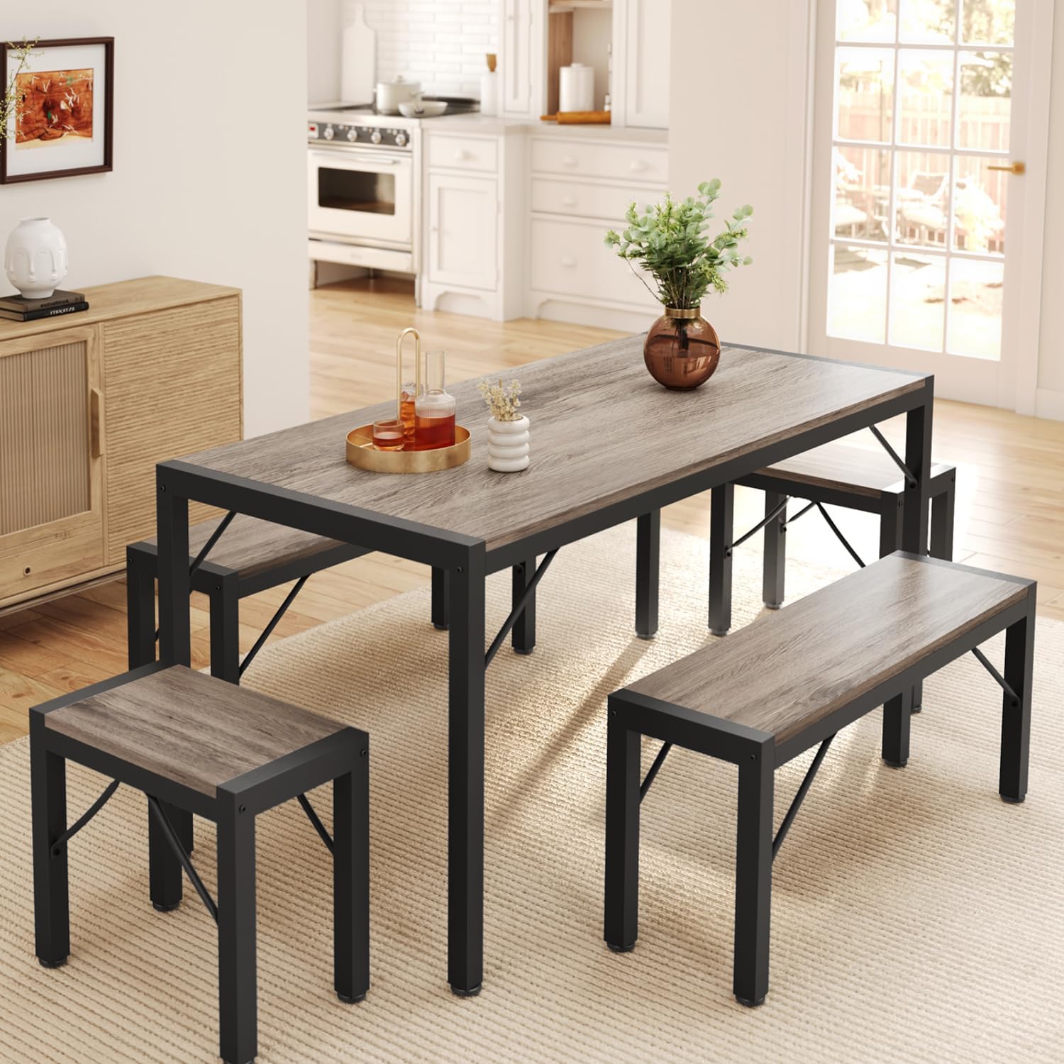 Gizoon 63 Inch Dining Room Table Set for 6 with Benches and Stools