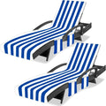 Ruikyhom Beach Chair Covers: 2-Pack, 3 Pockets, 85x30 in, Striped Dark Blue - Max Comfort!