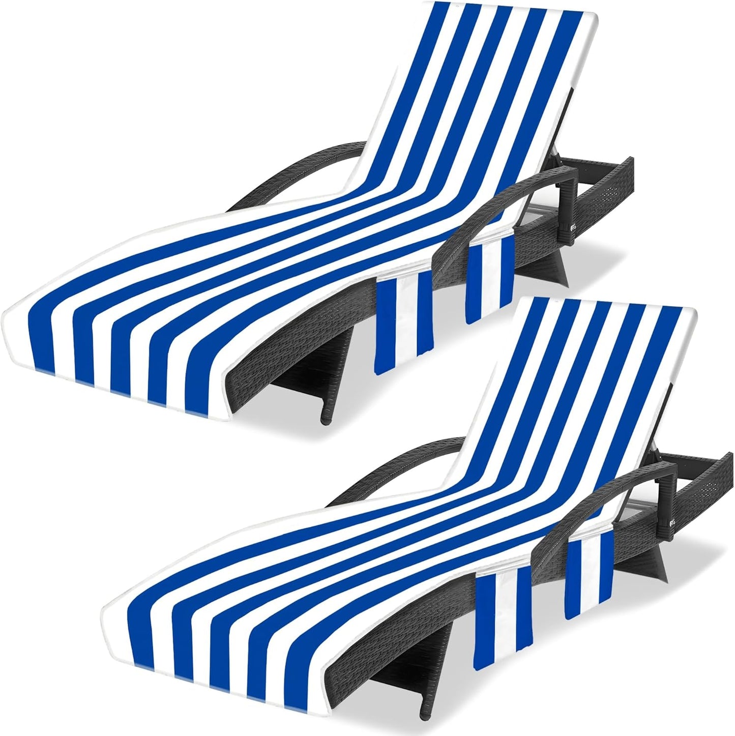 Ruikyhom Beach Chair Covers: 2-Pack, 3 Pockets, 85x30 in, Striped Dark Blue - Max Comfort!