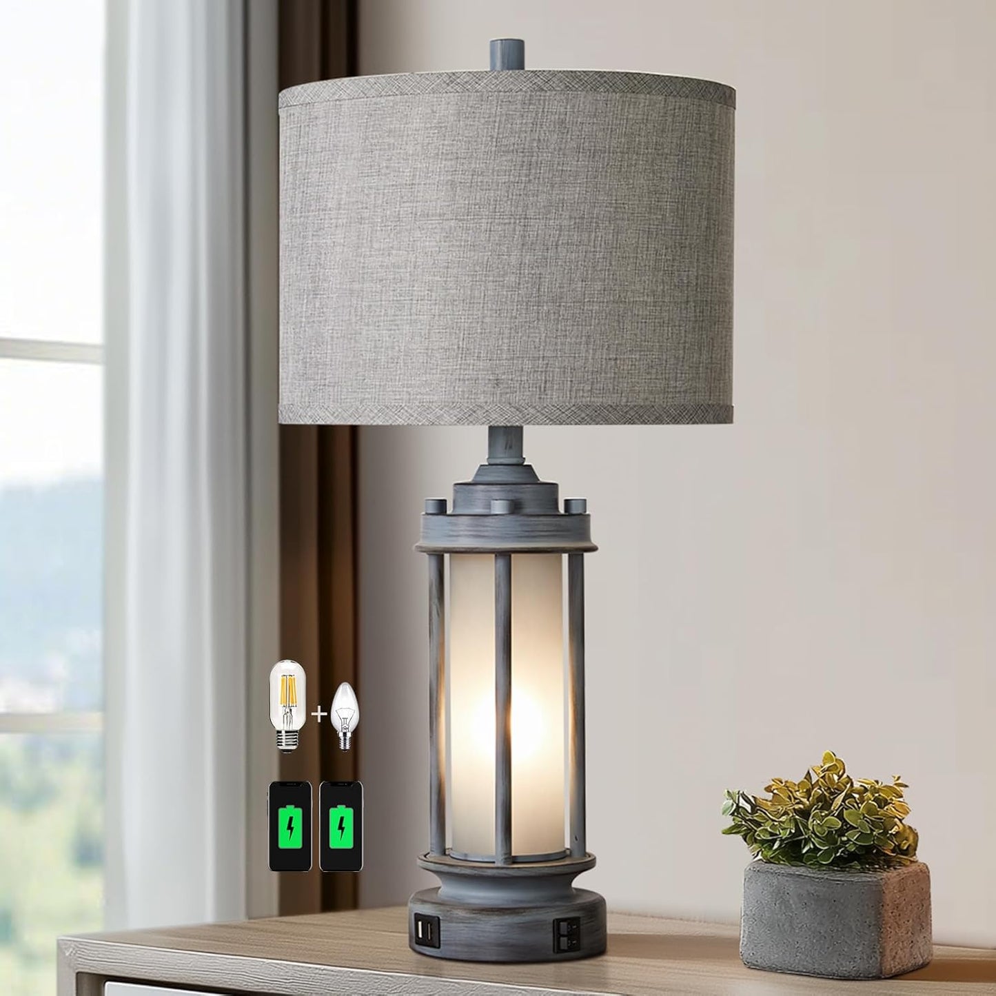Rustic Table Lamp with USB Ports for Bedroom and Living Room