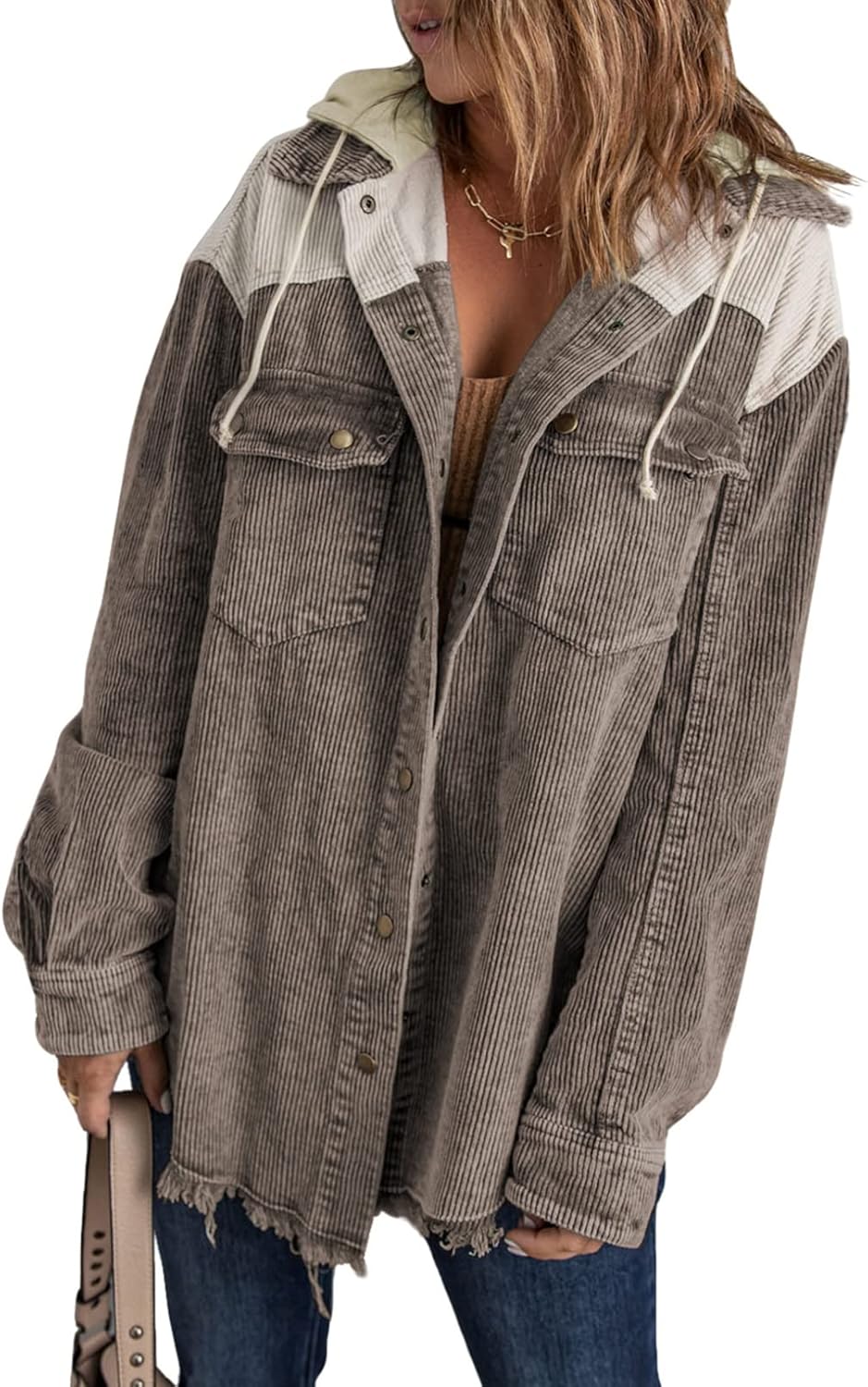 Dokotoo Womens Fall Corduroy Shacket Jacket with Hood and Pockets