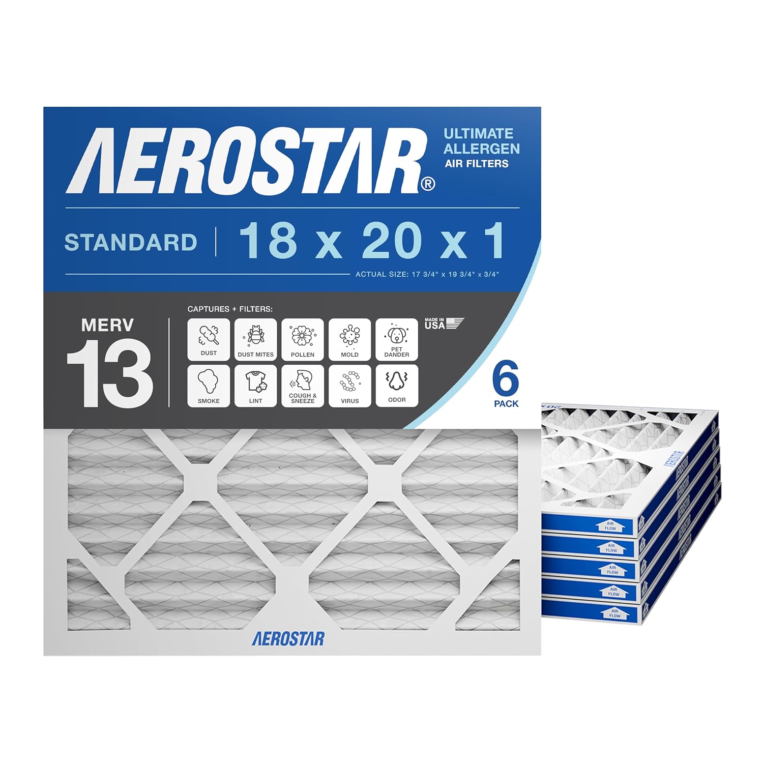 Aerostar 18x20x1 MERV 13 Pleated Air Filter for Clean Air