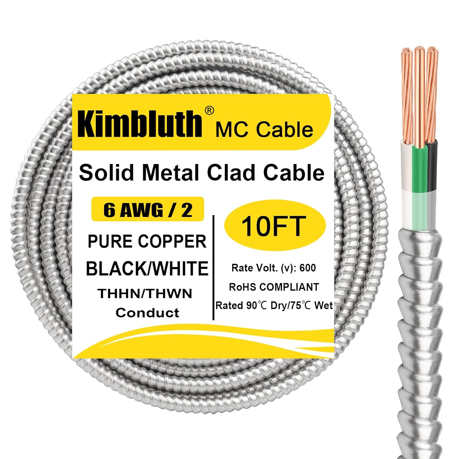6/2 Metal Clad Cable with Ground 10ft for Indoor Outdoor Use