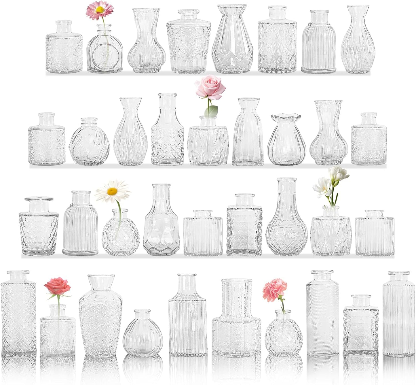Set of 36 Small Vintage Clear Flower Vases for Home Decor