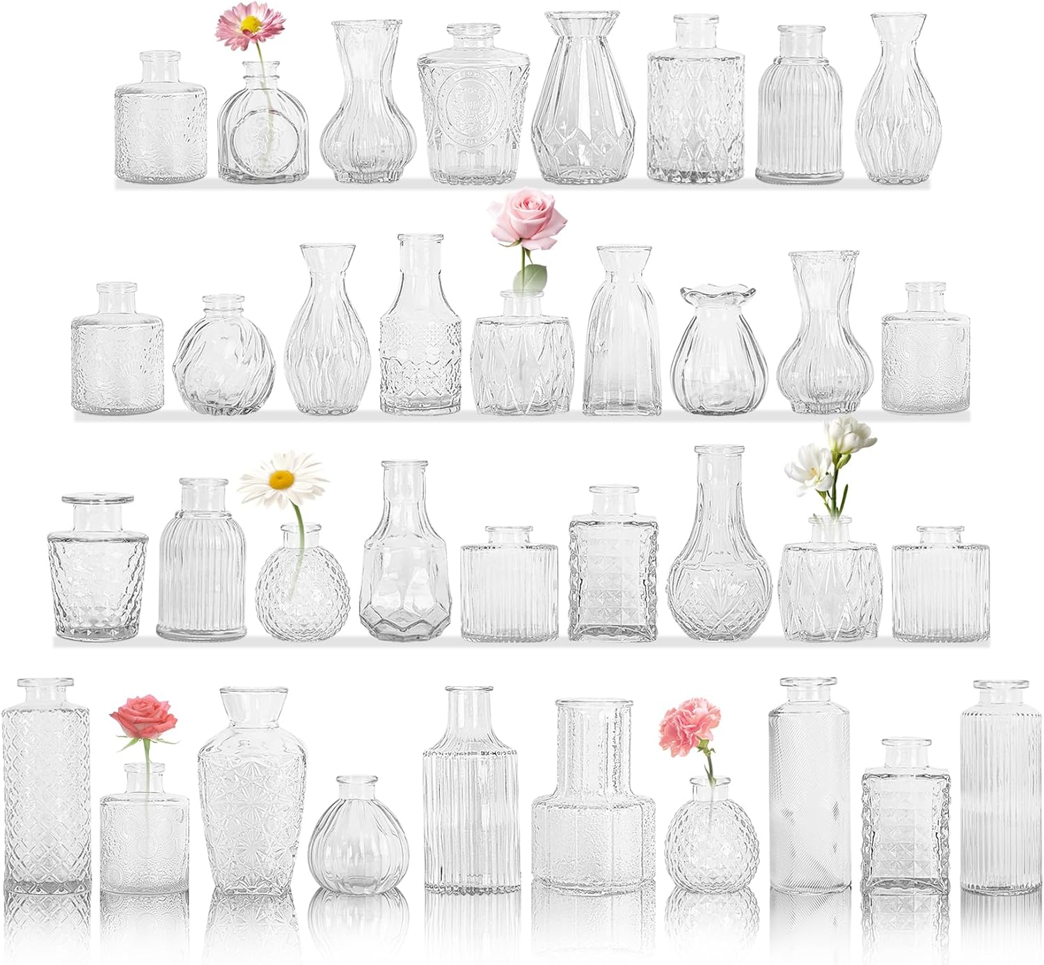 Set of 36 Small Vintage Clear Flower Vases for Home Decor