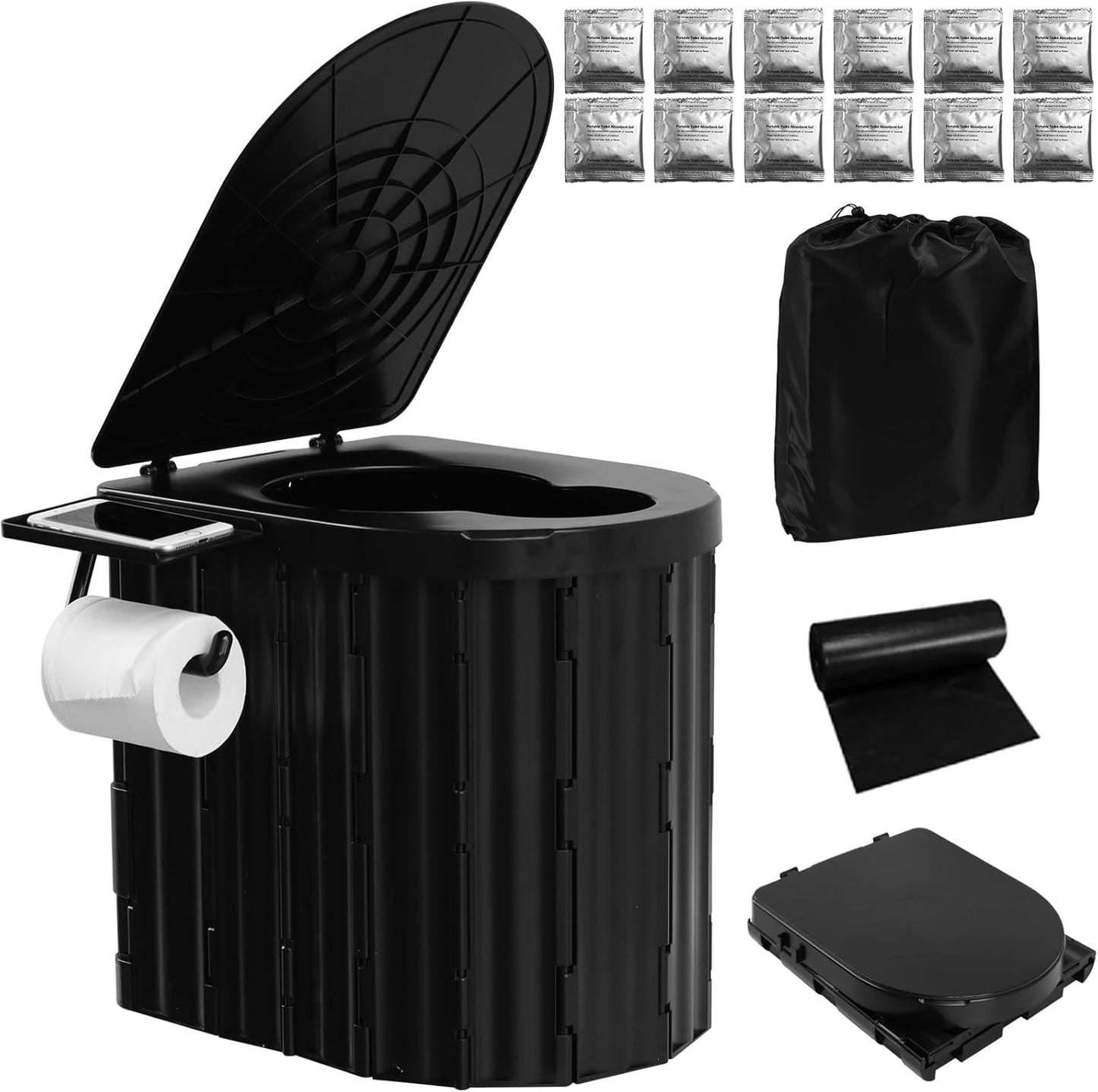 Portable Folding Camping Toilet with Phone Shelf