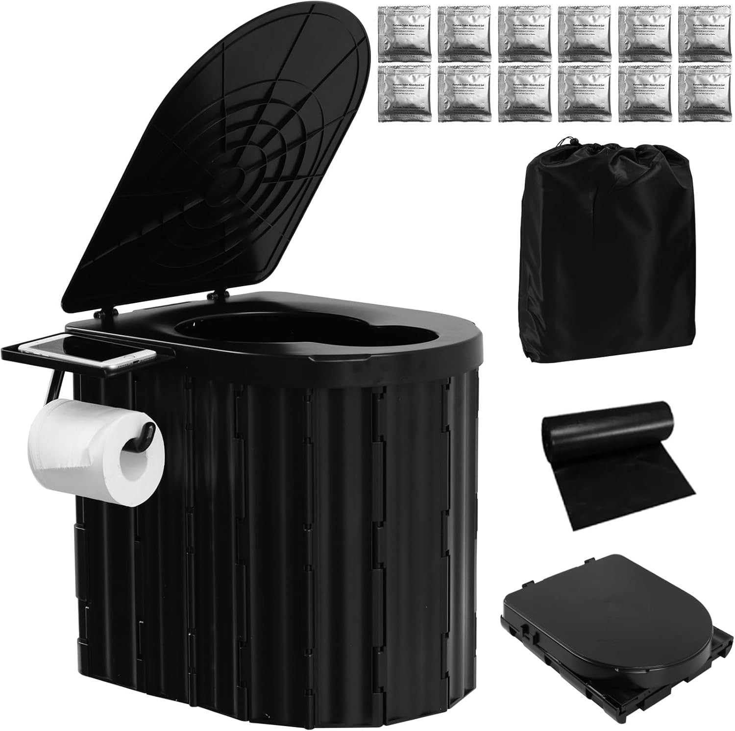Portable Folding Camping Toilet with Phone Shelf