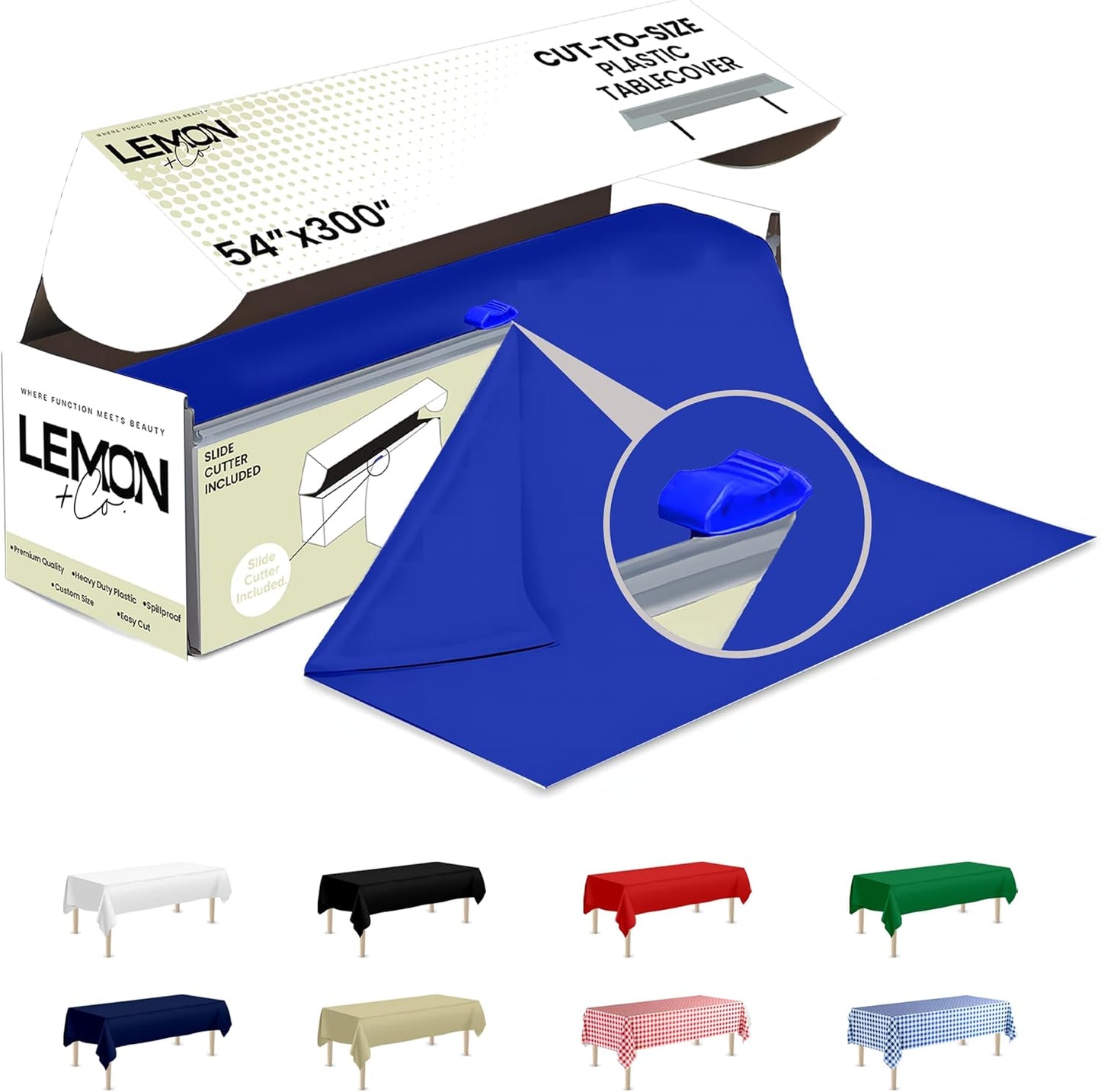 LEMON + Co. Blue Premium Plastic Tablecloth Roll for Events