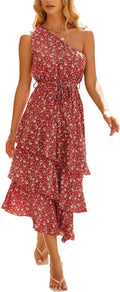 PRETTYGARDEN One Shoulder Floral Sundress - Flowy Midi Boho Women's