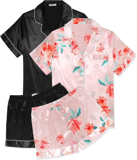 Ekouaer Womens Pajama Sets Silk Satin Short Sleeve Sleepwear