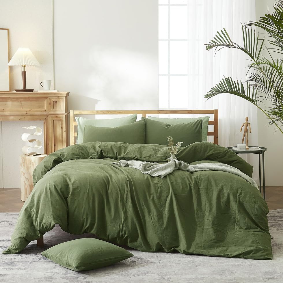 AMWAN Army Green Duvet Cover Set Soft Washed Cotton Bedding