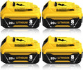 4-Pack 8000mAh Replacement for Dewalt 20V Battery - High Capacity
