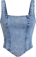 Women's Denim Corset Tank Top Asymmetrical Hem - Zip Back Crop