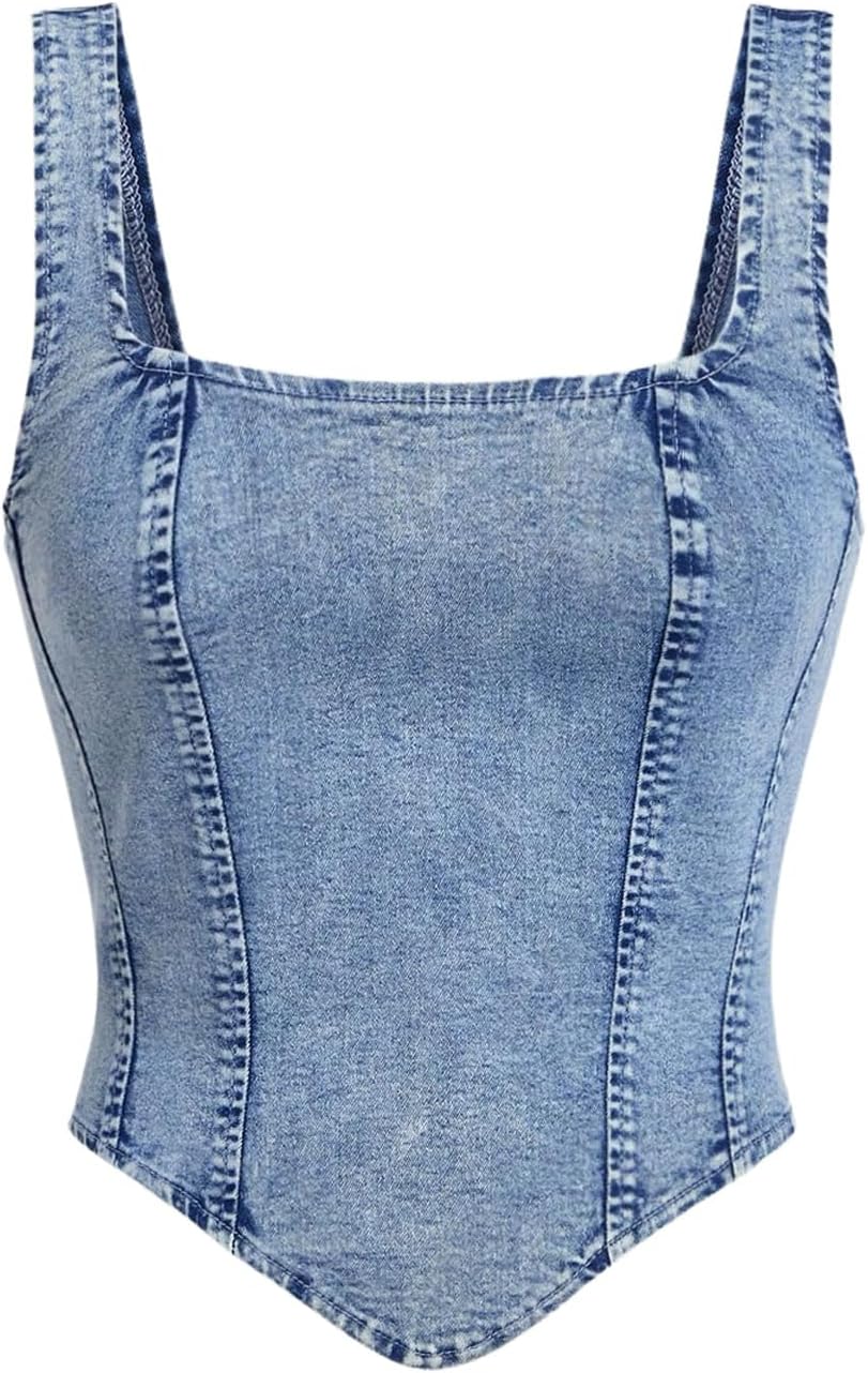 WDIRARA Women's Denim Corset Tank Top with Asymmetrical Hem