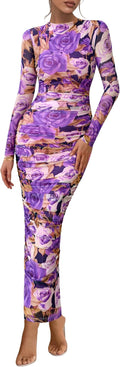 PRETTYGARDEN Women's Long Sleeve Maxi Dress - Ruched Floral Mesh Fit