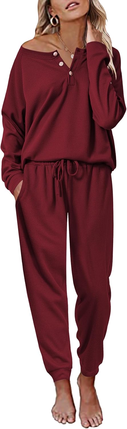 Ekouaer Pajamas Women's Waffle Knit Sleepwear Set for Comfort