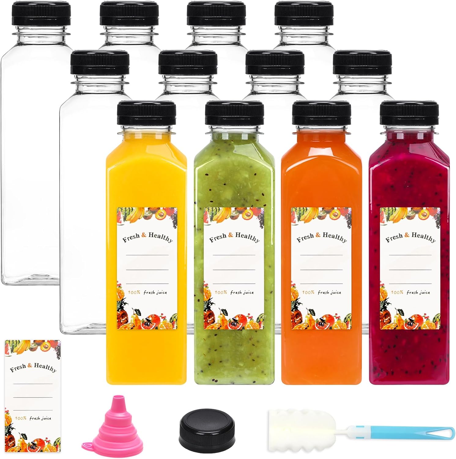 Moretoes 160pcs 12oz Plastic Juice Bottles for Juicing and Smoothies