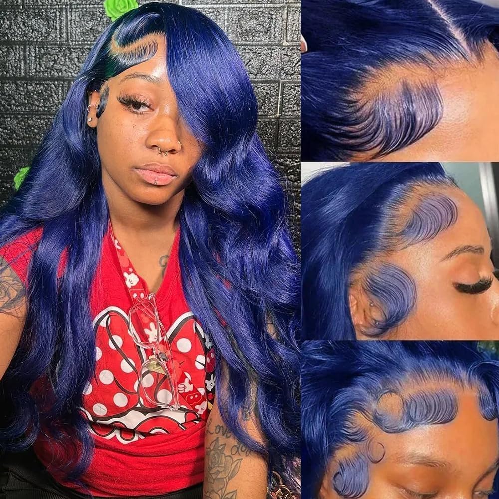 28 Inch Blue Lace Front Wigs Human Hair Body Wave for Women