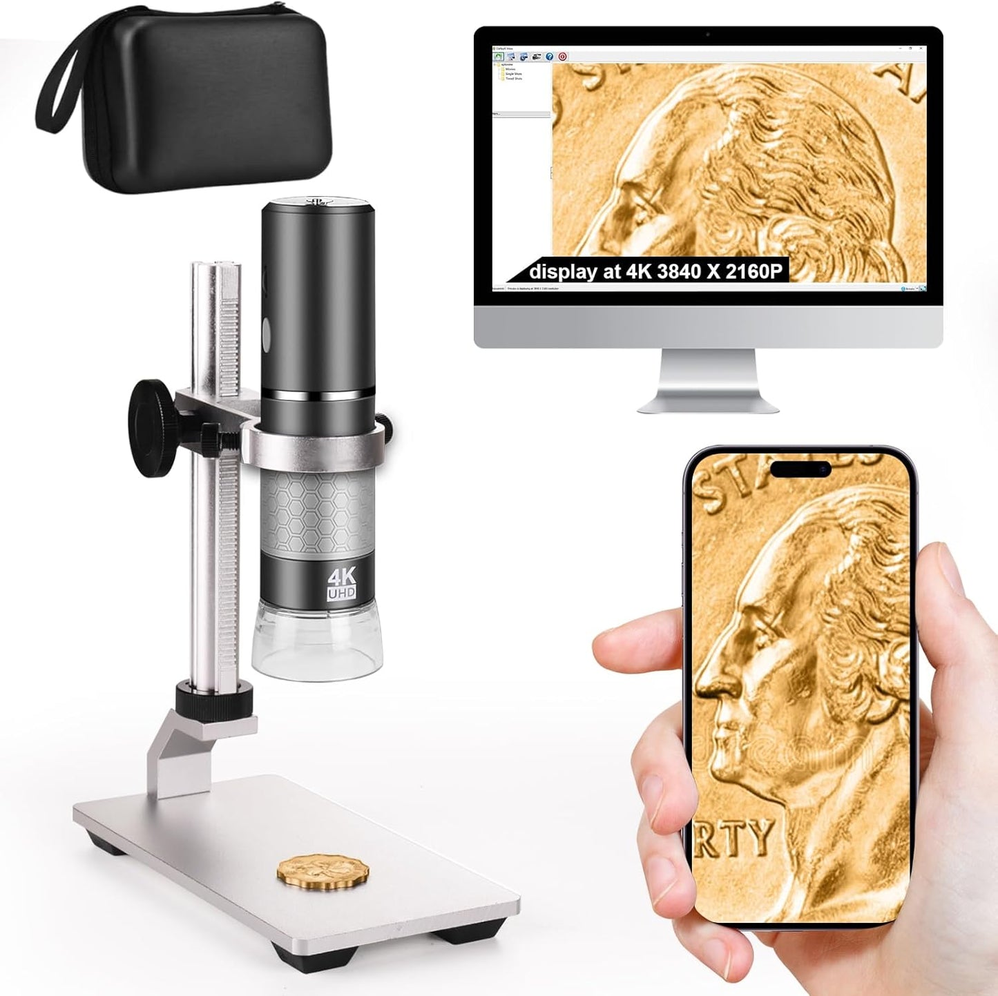 Ninyoon 4K Digital USB Microscope with Pro Stand and Case