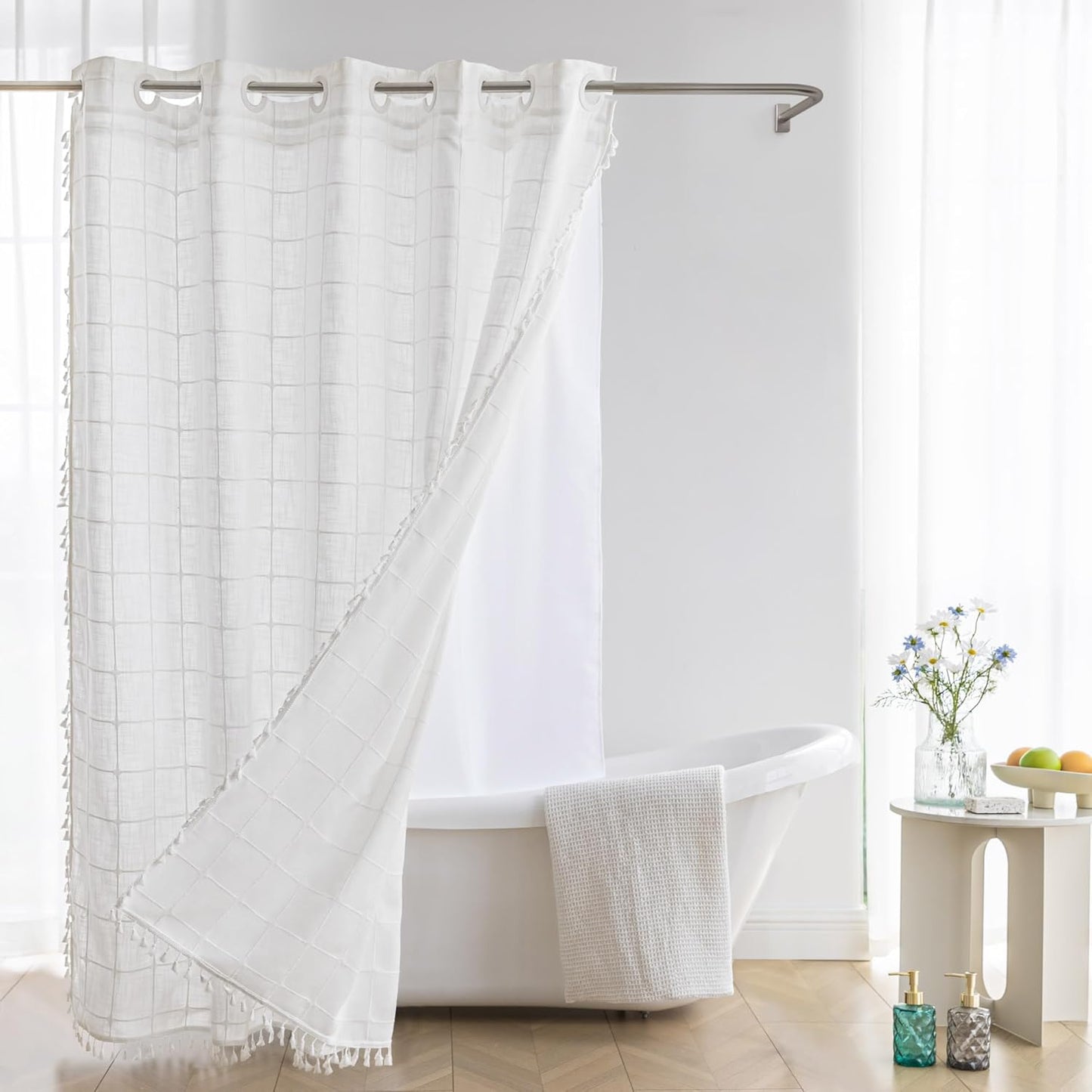 Boho Farmhouse Shower Curtain with Snap-in Liner for Decor