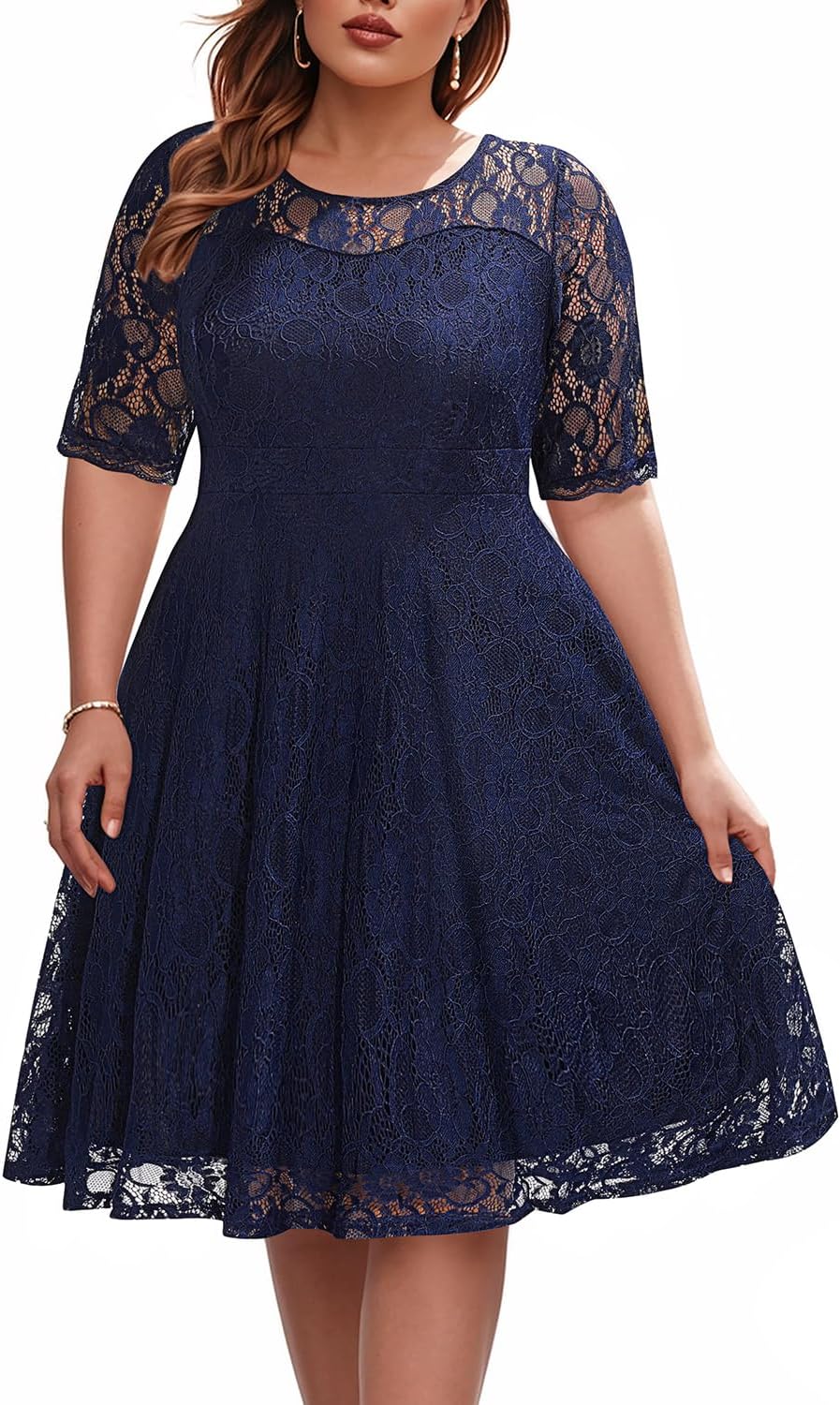 Plus Size Wedding Guest Lace V Neck Midi Dress for Elegance