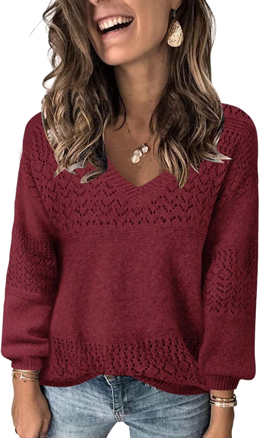 Lightweight V Neck Pullover Sweater for Women by JOCAFIYE
