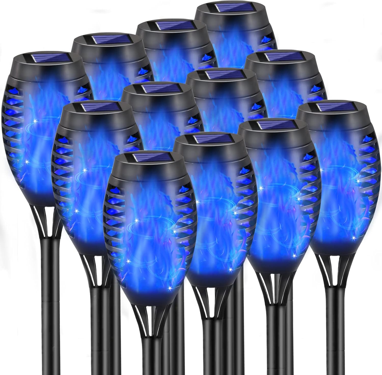 Outdoor Solar Lights Blue - 12 Pack Flickering Flame Tiki Torches