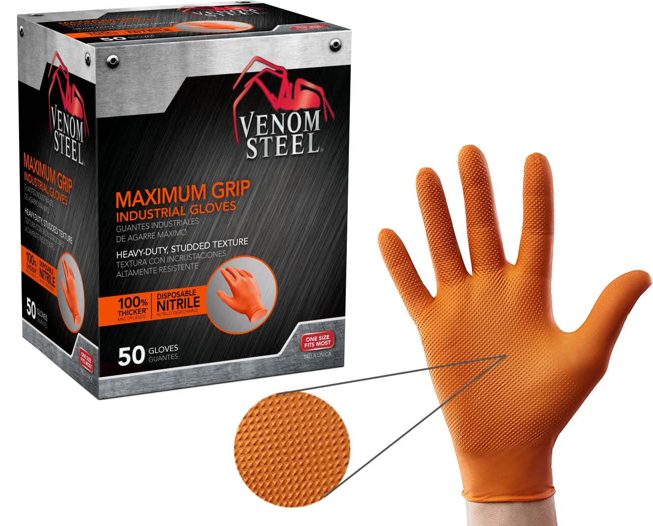 Maximum Grip Disposable Nitrile Gloves, 8 mil Thick, Rip Resistant - Venom Steel