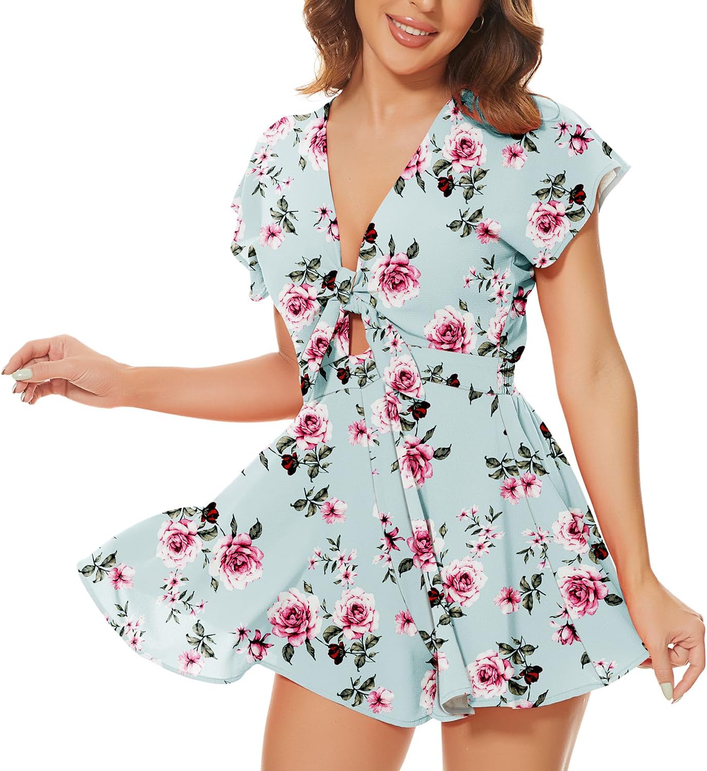 AGQT Women's Sexy V-Neck Self-Tie Front Romper for Summer Fun
