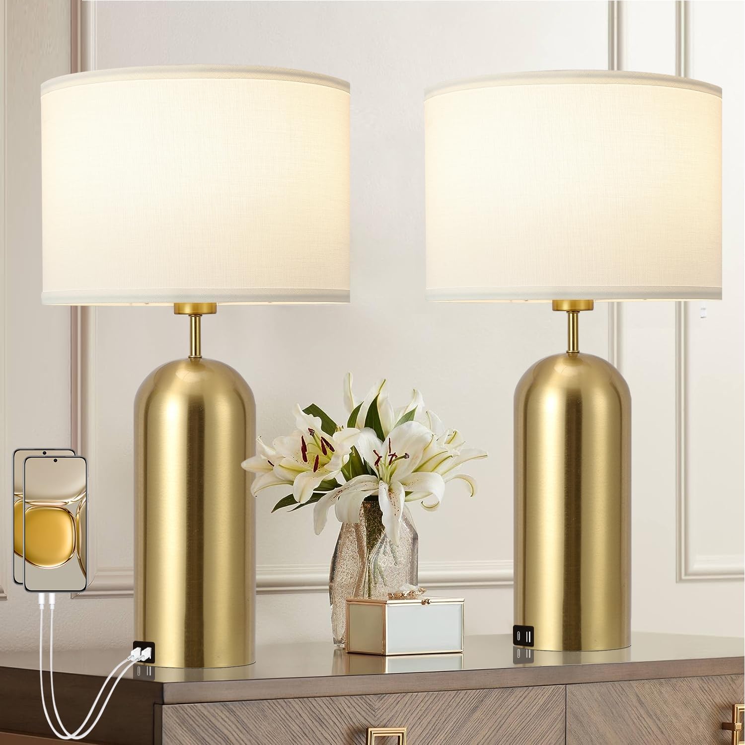 Gold Lamps Set of 2 Touch Control Dimmable Nightstand Lamps
