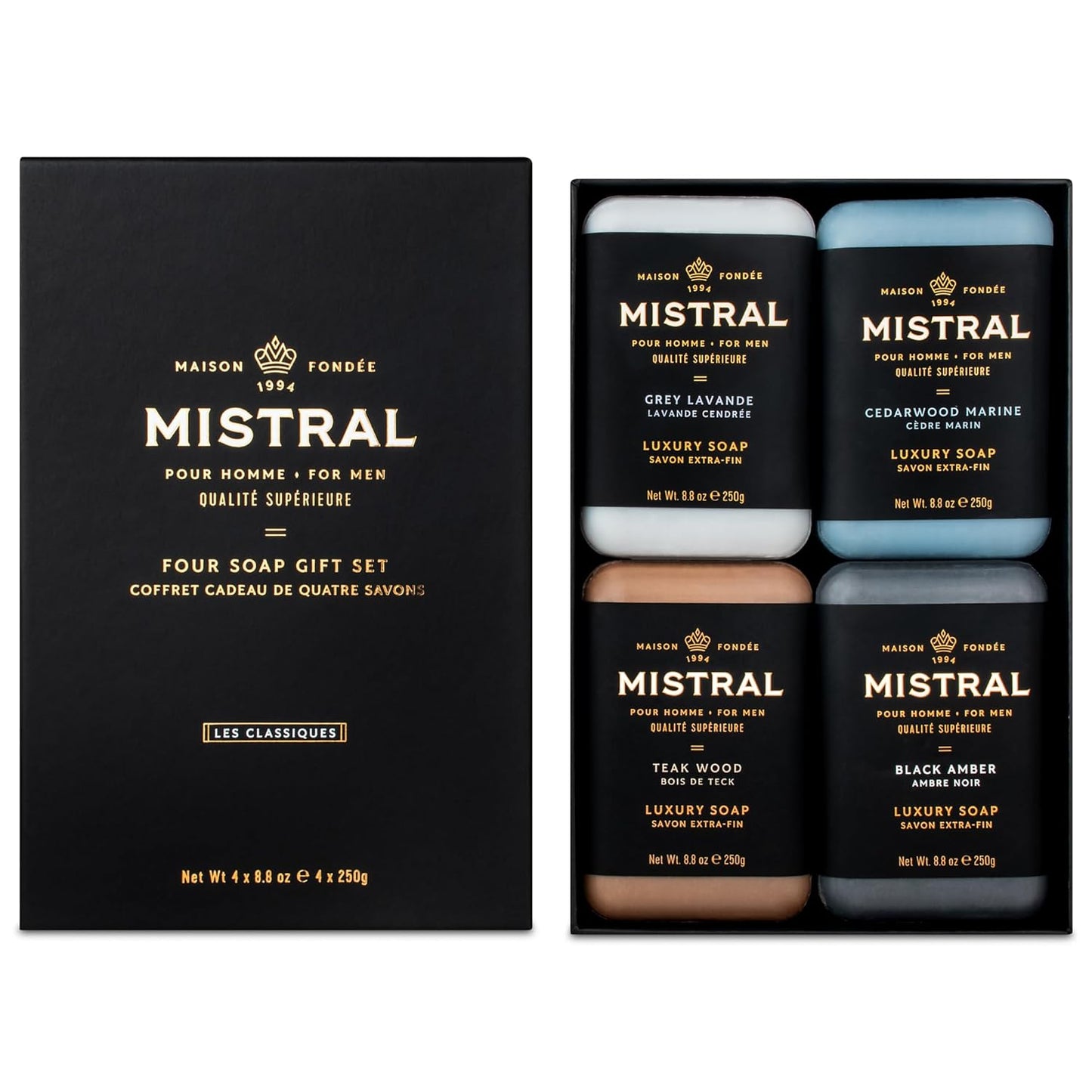 Mistral Mens Luxury Bar Soap Gift Set with Four Unique Scents