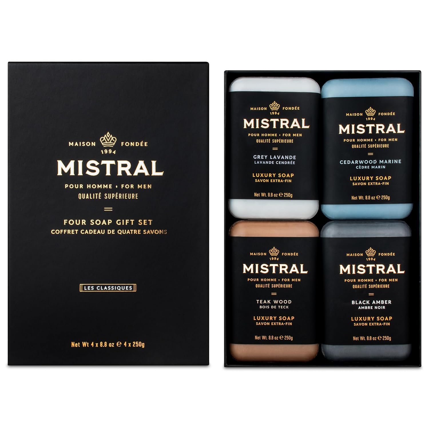 Mistral Mens Luxury Bar Soap Gift Set with Four Unique Scents