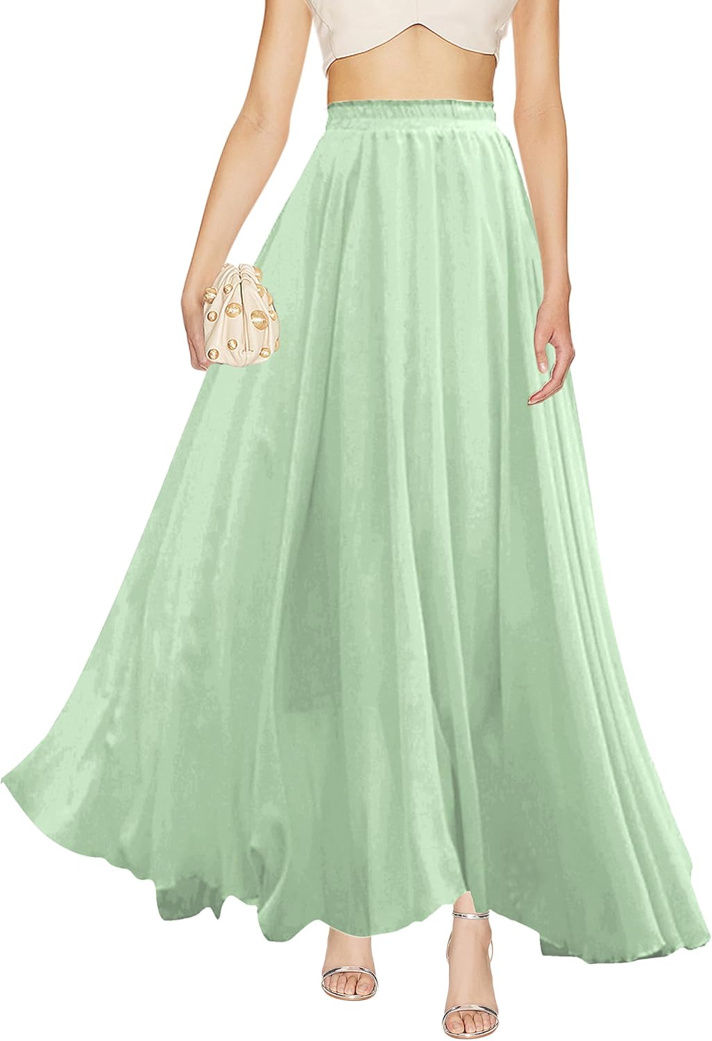 v28 Women Full Length Elastic Pleated Retro Maxi Skirt