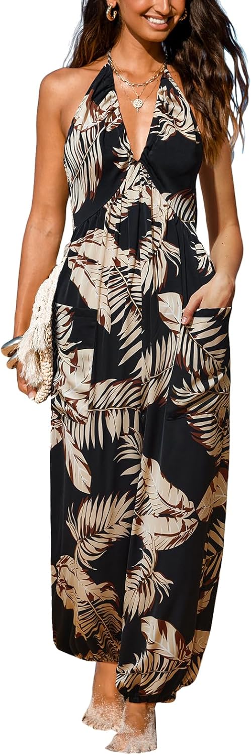 CUPSHE Women's Plunge Halter Maxi Jumpsuit with Pockets