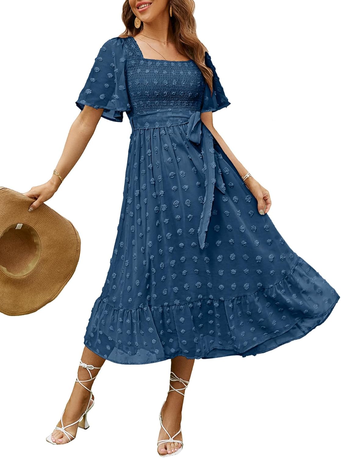 Amegoya Women's Boho Flowy Long Sleeve Square Neck Midi Dress