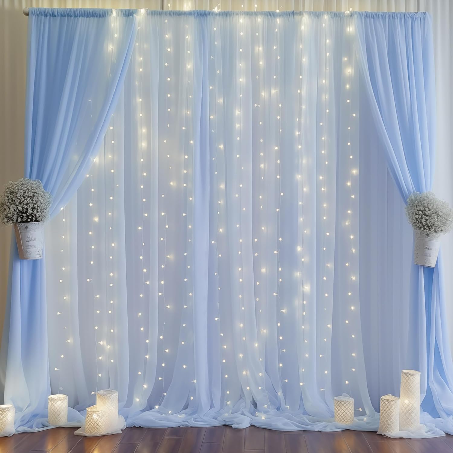 10ft x 10ft Baby Blue Chiffon Backdrop Curtain with Lights
