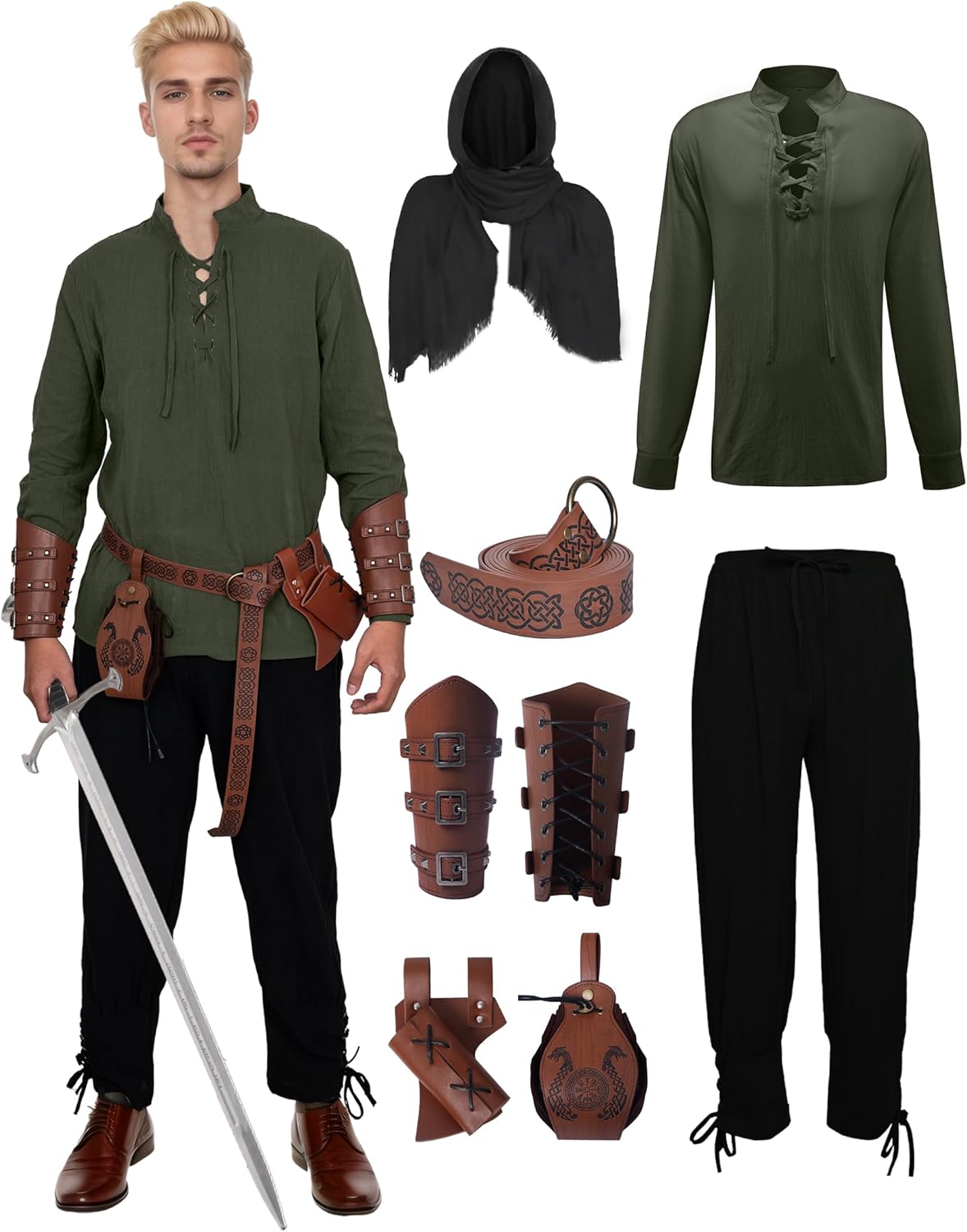 7 Pcs Men's Renaissance Costume Set for Medieval Pirate Look
