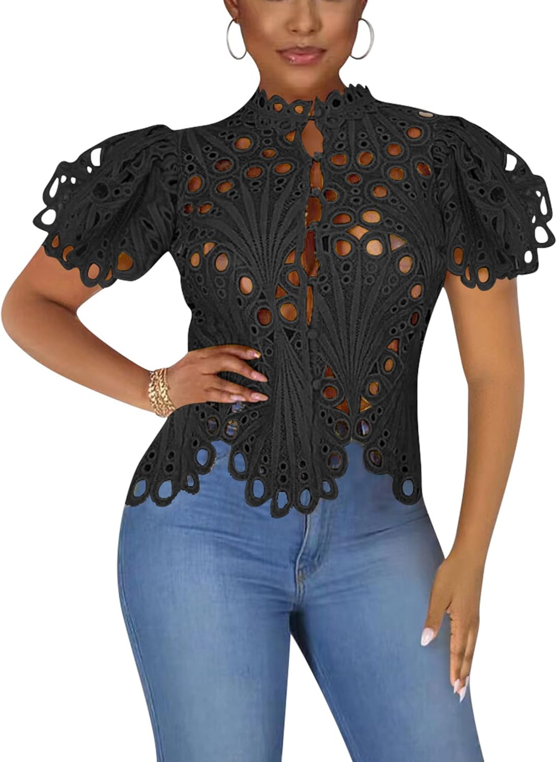 Doweha Womens Sexy Ruffle Long Sleeve Summer Lace Tops 2025