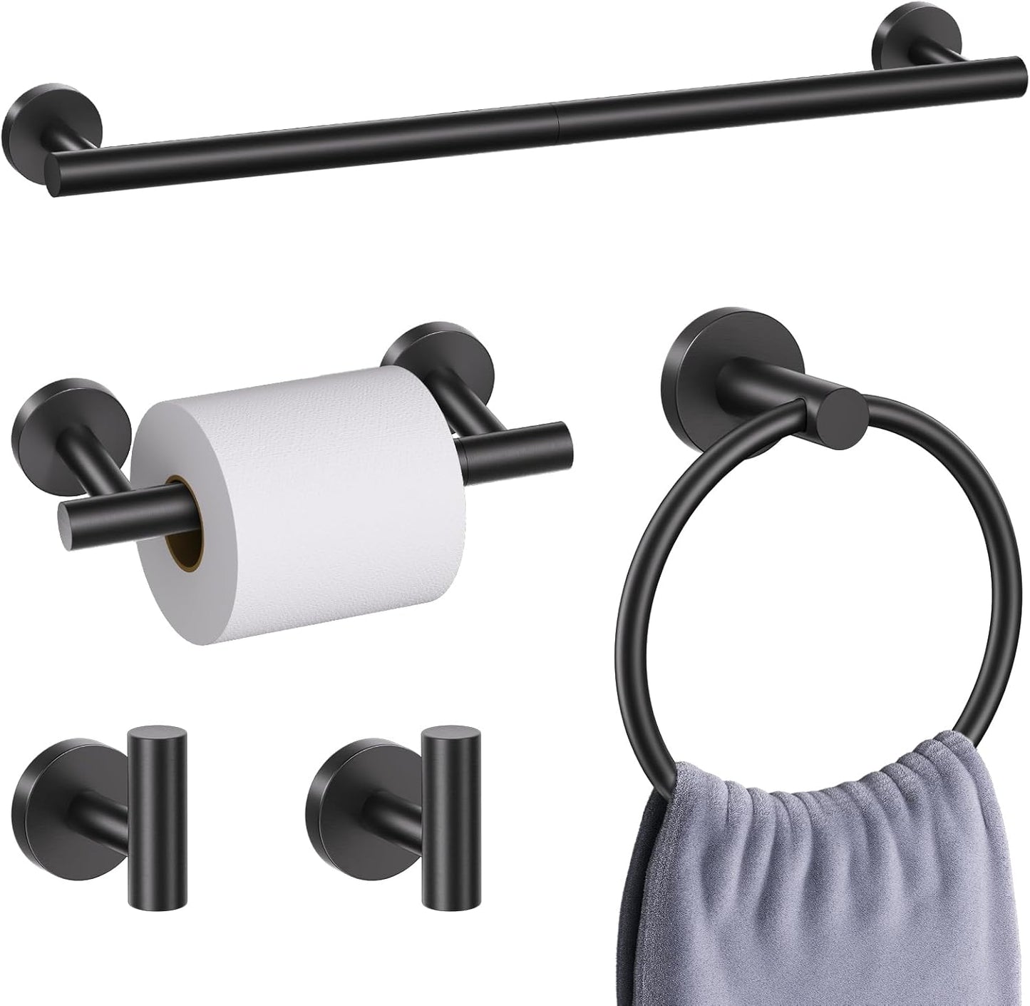 5 Pieces Matte Black Round Towel Bar Set for Stylish Bathrooms