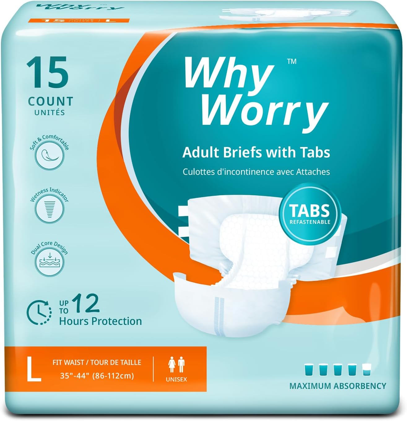 Overnight Absorbent Adult Diapers, Odor Control, Large, 15 ct