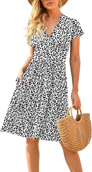 LILBETTER Women's Summer Casual Short Sleeve V-Neck Dress