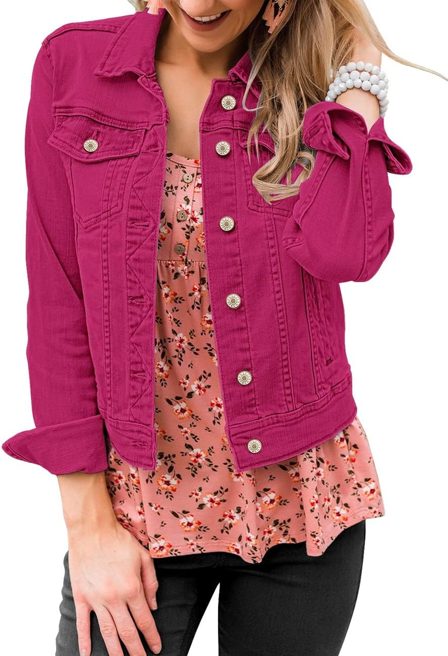 Vetinee Womens Stretch Button Down Denim Jacket for Style