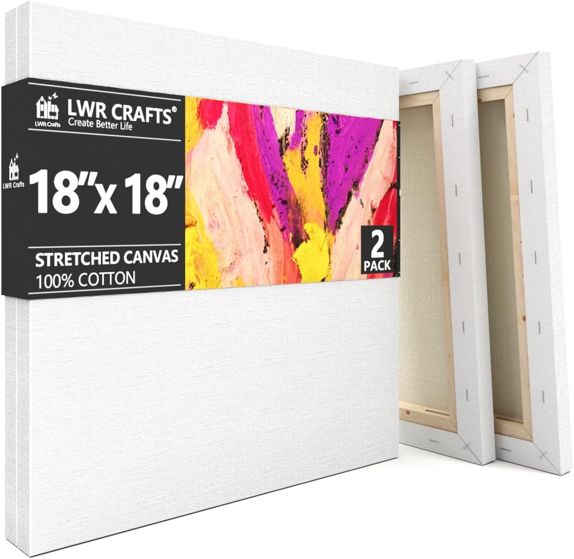 LWR CRAFTS Stretched Canvas 18in x 18in Pack of 2 for Artists