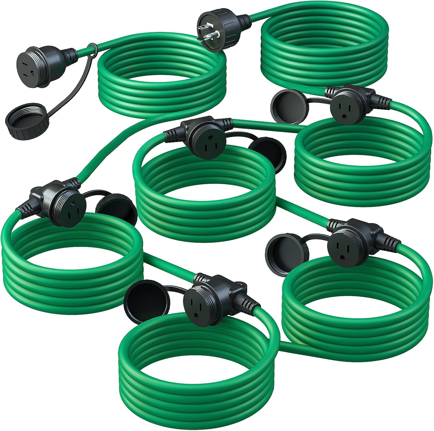 50FT Green Outdoor Extension Cord with 6 Weatherproof Outlets