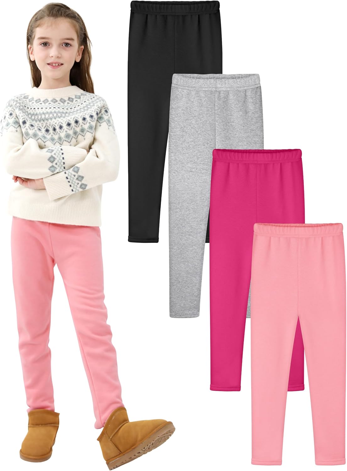 Fleece Lined Leggings for Girls - 4 Pack Thick Thermal Tights