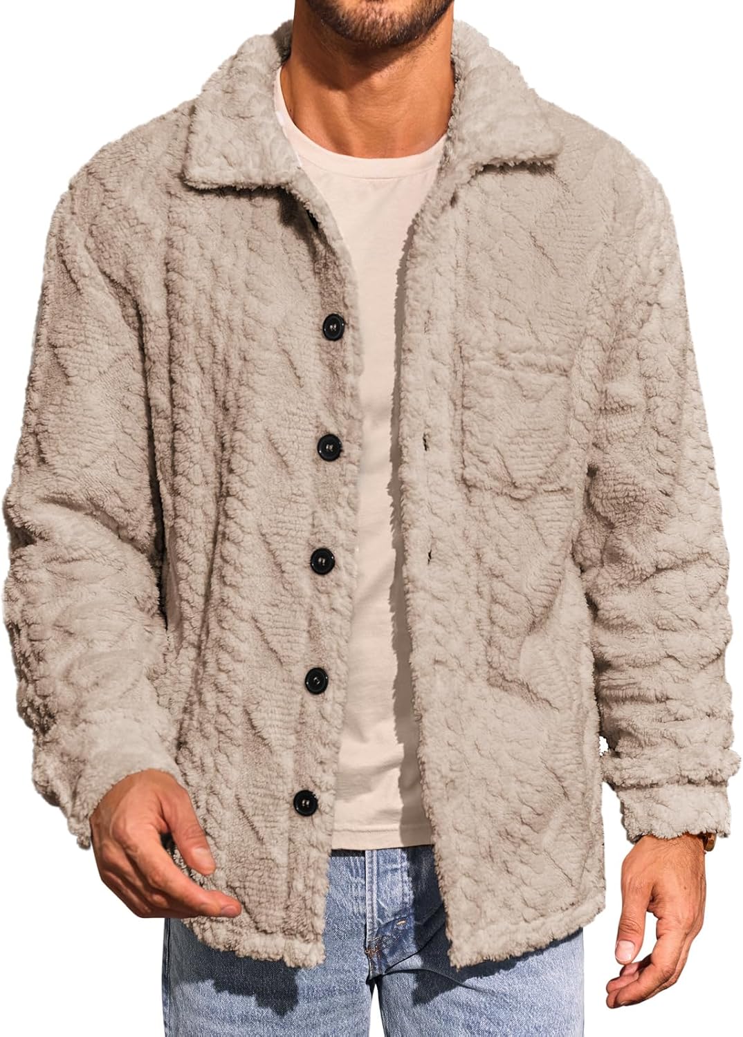 Yousify Mens Fuzzy Sherpa Jacket for Warm Fall Winter Wear